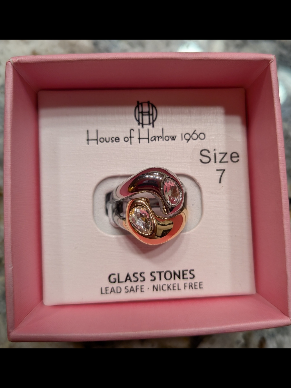New In Box! House of Harlow 1960 Two-Tone Silver and Gold Glass Stone Ring